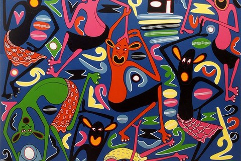George Lilanga 'Naomba Uniachie Hiki Kichwa Changiu, Kwani Mimi Sina Kosa Lolote' 1996 - enamels on canvas | 100 cm x 100 cm