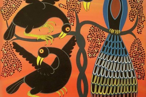 Hashim Mruta 'Three birds and three eggs' - oil on masonite | 60 cm x 60 cm (23.6 in x 23.6 in)