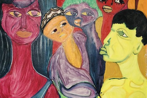 Inácio Matsinhe 'Gathering of Five Spirits' 1981 - oil on masonite | 80 cm x 60 cm (31.5 in x 23.6 in)