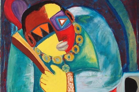 Inácio Matsinhe 'Serenade for a Crimson Bird' 2001 - oil on canvas | 100 cm x 80 cm (39.4 in x 31.5 in)