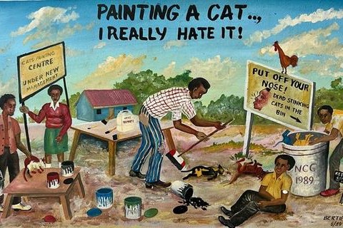 Joseph Mbatia Njoroge Bertiers 'Painting a Cat, I Really Hate It!' 1986 - enamels on board | 90 cm x 60 cm (35.4 in x 23.6 in)