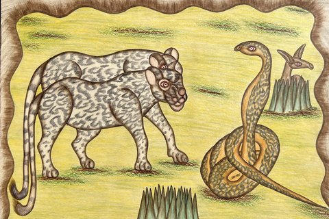 Kamante Gatura 'Leopards and Cobra' n.d. - Pen and crayon on paper | 38 cm x 51 cm (15 in x 20.1 in)