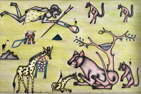 Hunter and Animals on the Yellow Plain by Kivuthi Mbuno, early 1990s