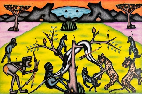 Kivuthi Mbuno ’Hunters and Leopards’ 2013 - crayons and felt-tip on paper | 60 cm x 92 cm (23.6 in x 36.2 in)