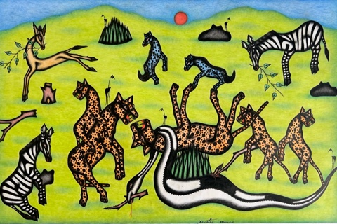 Kivuthi Mbuno ’Leopards and the Winding Serpent’ 2013 - crayons and felt-tip on paper | 60 cm x 92 cm (23.6 in x 36.2 in)