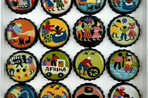 Margaret Majo 'Untitled (Scenes of Daily Life)' circa 2000 - painted bottle caps, installed on wood, lacquered framing plate | 15 cm x 15 cm (5.9 in x 5.9 in)