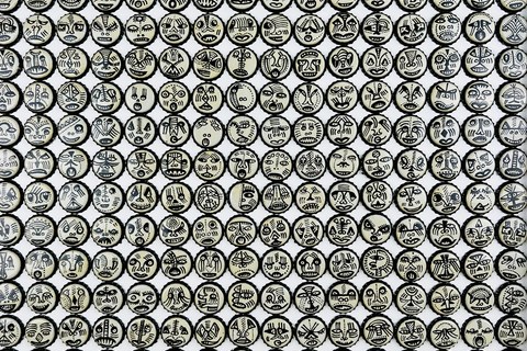 Margaret Majo 'Untitled (White Installation II)' circa 2000 - painted bottle caps, installed on wood, lacquered framing plate | 52 cm x 52 cm (20.5 in x 20.5 in)