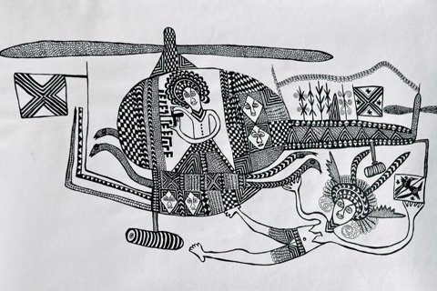 Helicopter and Figures by Mathias Kauage, ink on paper