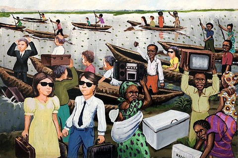 Peintre Moke 'Pillage fuite pirogues' 1992 - oil on canvas | 73 cm x 84 cm