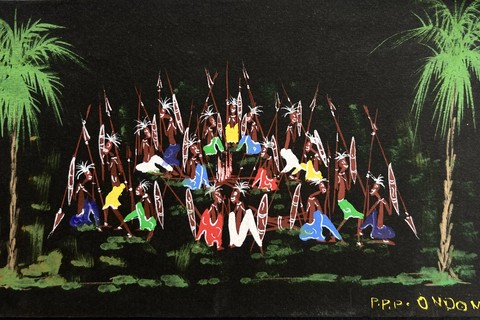 Nicolas Ondongo 'The Warriors' Circle' circa 1960/70 - gouache on paper | 14 cm x 22 cm (5.5 in x 8.7 in)