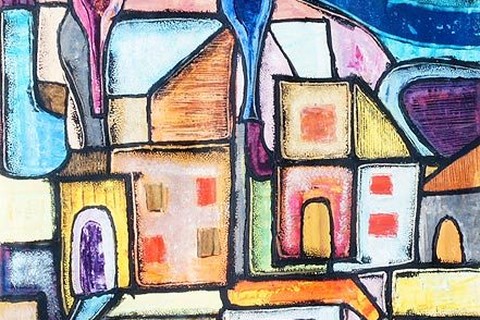 Rufus Ogundele 'Farm settlement' 1989 - oil on paper | 49 cm x 40 cm (19.3 in x 15.7 in)