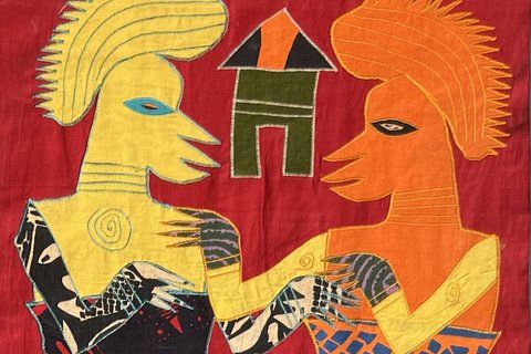 Samuel Ojo 'Guardians of the Twin Shrines' c. 1970 - appliqué | 66 cm x 180 cm (26.0 in x 70.9 in)