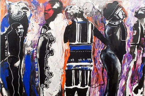 Soly Cissé 'Untitled (Procession II)' 2016 - mixed media on canvas | 100 cm x 100 cm