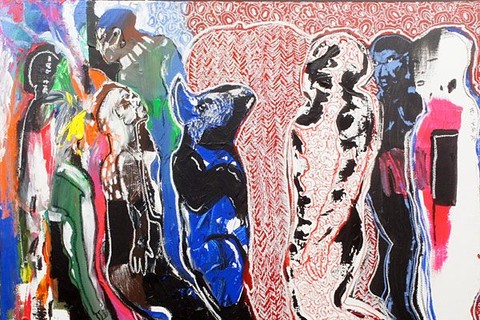 Soly Cissé 'Untitled (Procession)' 2016 - mixed media on canvas | 100 cm x 100 cm