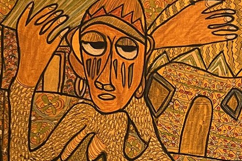 Twins Seven Seven 'Untitled (Snake Charmer)' 1989 - mixed media on canvas | 84 cm x 47 cm