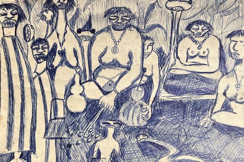 Valente Malangatana Ngwenya 'The Elders' 1961 - ballpoint pen on paper | 21 cm x 28 cm (8.3 in x 11.0 in)