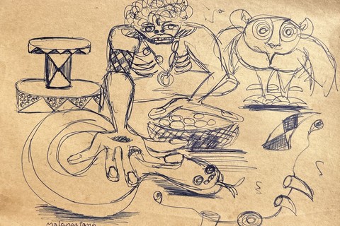 Valente Malangatana Ngwenya 'The Offering' 1961 - ballpoint pen on paper | 21 cm x 28 cm (8.3 in x 11.0 in)