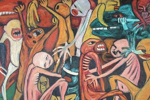 Valente Malangatana Ngwenya 'O único meio de vencer um monstro é desdentá-lo' circa 1962-1968 - oil on hardboard | 64 cm x 123 cm