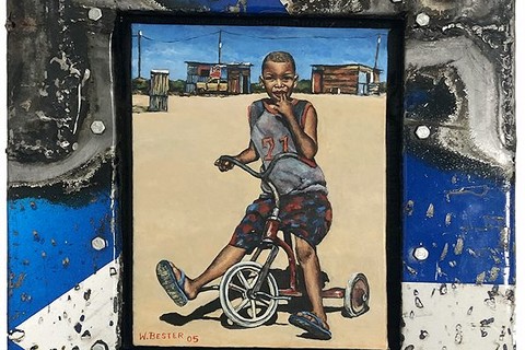 Willie Bester 'Untitled (Boy on Tricycle)' 2005 - mixed media on traffic signs and hardboard | 55 cm x 36 cm