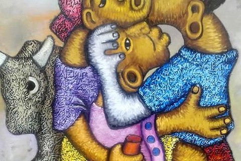 Zacharia Mbutha 'Polygamist' 2008 - oil on canvas | 130 cm x 124 cm (51.2 in x 48.8 in)